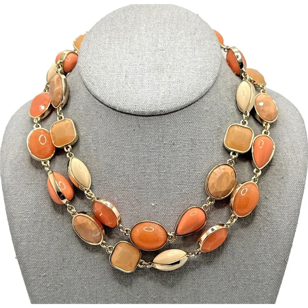NWT TALBOTS Statement Necklace Peach Orange Tan Gold Tone Links 36-38